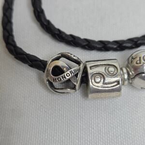 Pandora Sterling Silver Black Leather Braided Wrap Bracelet w/ 3 Charms